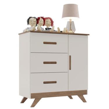 Imagem de Cômoda Infantil Maya 3 Gavetas MDF Puxador Metal Off White Carvalho Retro para Quarto de Bebê