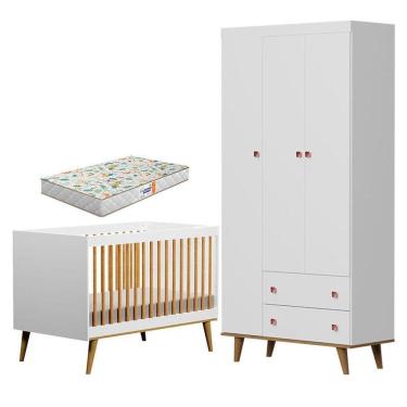 Imagem de Berço Ligia E Guarda Roupa Fernanda 3 Portas Branco Bétula Com Colchão Gazin – Carolina Baby