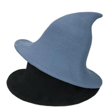 Imagem de Voilipex Chapéu feminino de feltro de lã de bruxa moderno fantasia de Halloween chapéu de feiticeiro de malha pacote com 2 (turquesa preta, tamanho único)