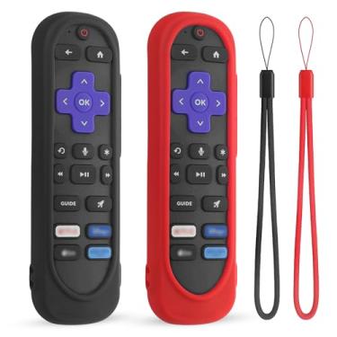 Imagem de Pacote com 2 capas de silicone para controle remoto TCL/Hisense/Roku Streaming TV Stick – à prova de choque, lavável, capa antiderrapante com cordão (preto + vermelho)