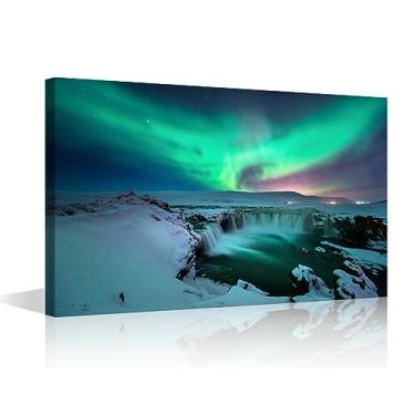 Imagem de TUMOVO Arte de parede com paisagem de aurora da Islândia para quarto, pintura em tela de outono de água de Godafoss, arte de parede grande para sala de estar, decoração contemporânea, 1 peça esticada