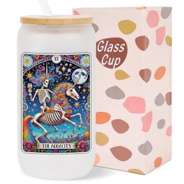Imagem de Deorfuy Presentes de copo de vidro Witchy the Audacity para mulheres e meninas, 473 ml, tema de tarô, crânio, copos de vidro fosco com tampas, canudos, esqueleto gótico, copo de Halloween, presentes