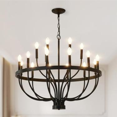 Imagem de VBKK Lustre Preto de 32" com 18 Luzes, Lustre de Fazenda para Sala de Jantar, Lustre de Vela Industrial Moderno para Sala de Estar, Escada, Sala de Jantar, Entrada, Hall de Entrada