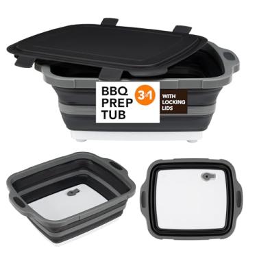 Imagem de Tábua de corte dobrável (2,11 gal/8L), banheira de preparação para churrasco com tampa de bloqueio, pia de acampamento dobrável com escorredor, bacia de pratos multifuncional para cozinha, tigela