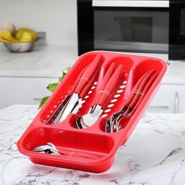 Imagem de Faqueiro Inox 25 Peças com Cabos Vermelhos em Polipropileno e Gaveteiro Organizador – Talheres Resistentes para Refeições Diárias