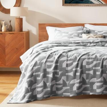 Imagem de SLEEP ZONE Conjunto de colcha de algodão jacquard/solteiro, tamanho GG, macio e leve, conjunto de 2 colchas, geométrico, para todas as estações, 173 x 218 cm, cinza escuro