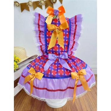 Imagem de Vestido Infantil Junino Lilás Xadrez Colorido Festas - Fabuloso Ateliê