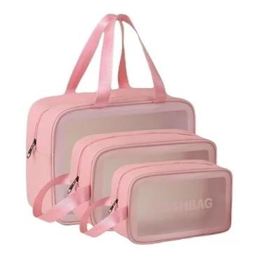 Imagem de Kit 3 Necessaire Feminina Viagem Praia PVC Impermeável Zíper Grande Espaçosa Bolsa Organizadora Cosméticos Lavável Durável Prática Estilo Blogueira Luxo (Rosa)