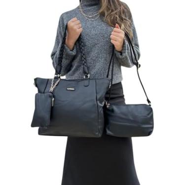 Imagem de Kit 3 Bolsas Femininas Pretas com Alça Trançada – Tote, Transversal e Necessaire para Estilo e Organização Diária