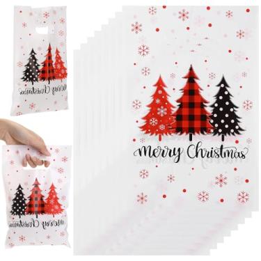 Imagem de GliCraft 100 unidades de sacos de presente de Natal com alça vermelho preto xadrez árvore de Natal floco de neve sacolas de plástico a granel para festa de inverno embalagem de presente de Natal