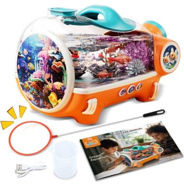Imagem de Tanque de peixes pequeno, portátil Betta para crianças, com luz LED, bomba de ar, bateria, kit de aquário pequeno - perfeito para decoração de casa e cuidados com animais de estimação, presentes
