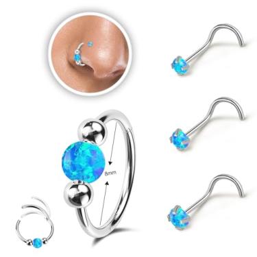 Imagem de Thiswhyimbeauty 2 anéis de nariz de opala de 18 g para mulheres, argolas de nariz de 8 mm/10 mm, aço cirúrgico 316L, joias para piercing de nariz, anel de septo e brinco de cartilagem, Criado com