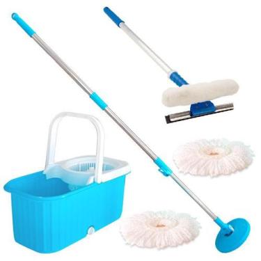 Imagem de Balde Esfregão Limpeza C Rodinhas, 2 Refis + Rodo Limpa Vidros 50 Cm -