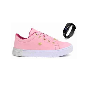 Imagem de Tênis Infantil Feminino Sapato Menina Casual Com Strass Lindo e Relógi