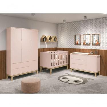 Imagem de Jogo De Quarto Para Bebê Completo 3 Portas Classic New Rosa Fosco Com Natural - Moveisaqui