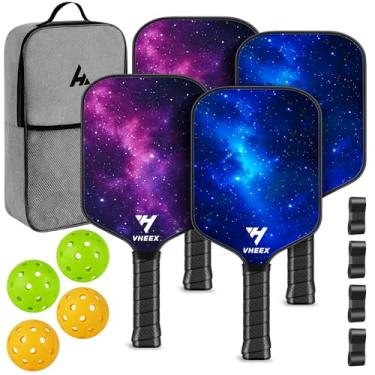 Imagem de VHEEX Conjunto de 4 raquetes de fibra de carbono e fibra de vidro mistas de 16 mm, leve, silencioso, para uso interno e externo, com 4 bolas e bolsa, crianças, adultos, família iniciante
