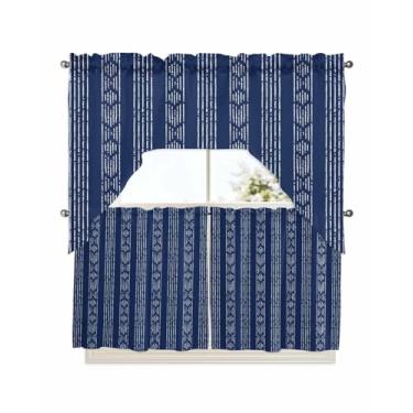 Imagem de Conjunto de 3 peças de cortina e saia de cozinha boho azul marinho, com bolso para haste, geométrico, listrado, camada curta, 61 cm de comprimento, estilo moderno, decoração de janela pequena, para