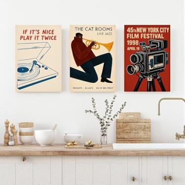 Imagem de 3 peças de arte em tela para sala de jantar com estampas de clube de jazz 20 x 30 cm, presente para casa moderna, escritório, sala de estar, decoração de quarto, pôster em tela sem moldura, presente