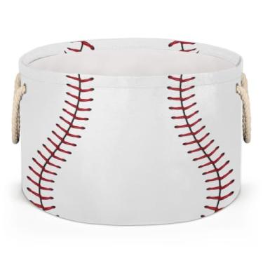 Imagem de Cestas de armazenamento – Grande caixa organizadora de berçário com alças dobrável redonda de beisebol esportiva cesto de roupa suja para crianças, meninos, brinquedos, cobertor para animais de