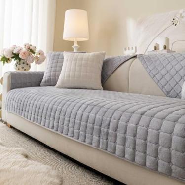 Imagem de Aucrovee Capa de sofá lavável de veludo para cães de estimação, capas de sofá antiderrapantes para sofá de 3 almofadas, G, capa protetora de móveis (1 peça 91 x 91 cm cinza claro)