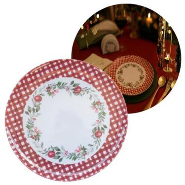 Imagem de Prato de Jantar Natalino Melamina Folhagens, Azevinhos e Romã Borda Xa