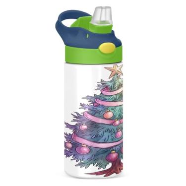 Imagem de YETTASBIN Garrafa de água de árvore de Natal para crianças, 340 g, à prova de vazamento, parede dupla, isolada, garrafa de água de aço inoxidável, copo de viagem com tampa de canudo para meninas