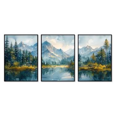 Imagem de Impressão em tela de montanha em aquarela com cenário do Colorado - pôster de floresta do lago arte de parede de paisagem moderna para sala de estar quarto decoração de escritório (SKU2-3 peças, 12 x