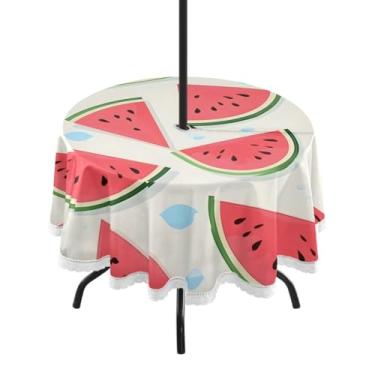 Imagem de CEBUGI Toalha de mesa redonda para uso ao ar livre, fatia de melancia, impermeável, com furo Umberlla, capa de mesa lavável para pátio, cozinha, sala de jantar, 152 cm