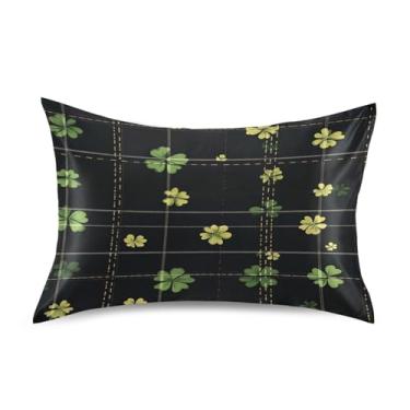 Imagem de Wassud Fronha de cetim com estampa xadrez verde trevos para cabelo e pele, capas de almofada de seda lisa Queen respiráveis com fecho de envelope