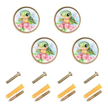 Imagem de Burbuja Puxadores de armário de cozinha de tartaruga de desenho animado, pacote com 4, puxadores redondos de 3,5 cm, puxadores de cômoda com parafusos para cozinha, quarto, armários, armário