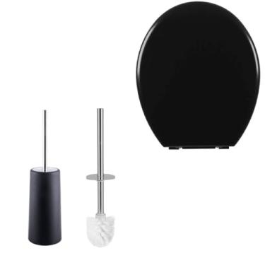 Imagem de Assento Vaso Sanitário Oval Almofadado Preto + Escova Sanitária Com Suporte Preto Base Redonda