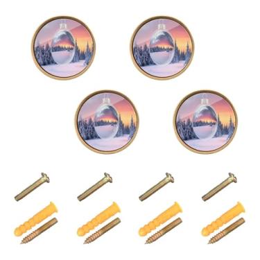 Imagem de Burbuja Puxadores de armário de cozinha de paisagem de inverno, pacote com 4, puxadores de gaveta redondos de 3,5 cm, puxadores de cômoda com parafusos para cozinha, quarto, armários, armário