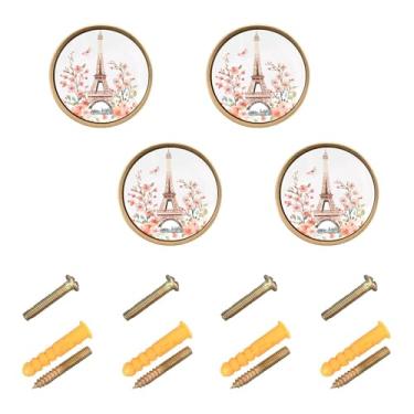Imagem de Burbuja Maçanetas de armário de cozinha da Torre Eiffel da paisagem urbana de Paris, pacote com 4, puxadores redondos de 3,5 cm, puxadores de cômoda com parafusos para cozinha, quarto, armários