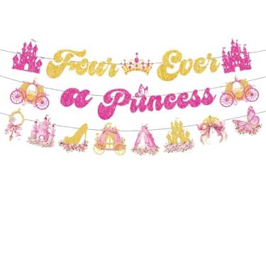 Imagem de KUNGOON Banner de aniversário de princesa, design de carruagem de coroa de castelo dourado e rosa, quatro decorações de festa temática de princesa com guirlanda de papel espelhado de diamante floral e