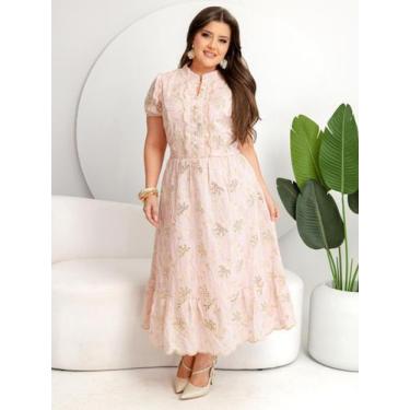 Imagem de Vestido Elegante Midi Gola Alta Manga Princesa Curta Bordado Algodão C