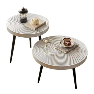 Imagem de Conjunto de 2 mesas de centro redondas industriais para sala de estar, mesas laterais empilháveis, mesa de centro de madeira, mesa lateral para sala de estar, mesa lateral de sofá (branca)