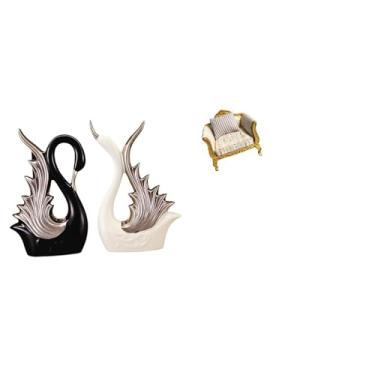 Imagem de Whtkoph Miniaturas de Cisnes, Escultura em Cerâmica E Sofá de Madeira em Miniatura, Modelo para Casa de Bonecas, Ornamento de Mesa, Prateleira, Lareira de Ani