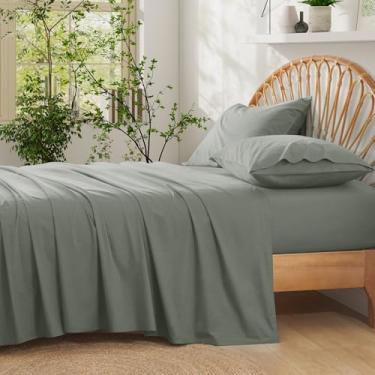 Imagem de Entisn Jogo de cama queen size de algodão puro, 4 peças, bolso profundo de 40,6 cm, conjunto de lençóis de algodão sólido com elástico em toda a volta para um ajuste confortável, roupa de cama de