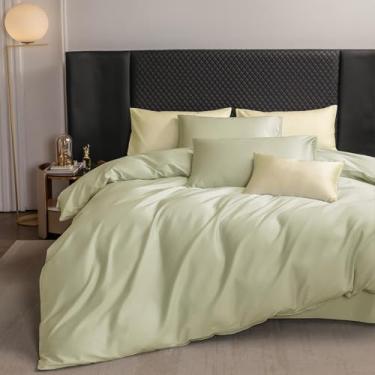 Imagem de MooMee Conjunto de capa de edredom 100% algodão extra longo 600 fios cetim sedoso macio macio respirável durável roupa de cama de qualidade hoteleira, 3 peças (verde menta, queen 228 x 228 cm)