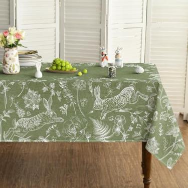 Imagem de Horaldaily Toalha de mesa retangular de Páscoa 132 × 178 cm, coelhinho verde da Páscoa, flores brancas, samambaia, lavável, capa de mesa sazonal para decoração de festa, piquenique, jantar