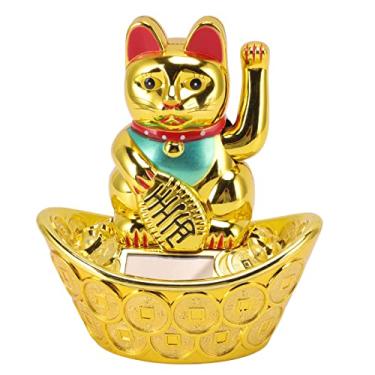 Imagem de Gato da sorte braço acenando, gato da sorte japonês Maneki Neko decoração solar estátua de gato da sorte para decoração de recepção, carro, aberturas de negócios (ouro)