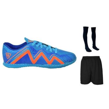 Imagem de Chuteira Futsal Adulto Juvenil Salão Quadra Futebol Costurada + Meião 