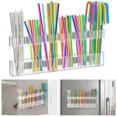 Imagem de Palksky Suporte magnético de canudo para geladeira, organizador de acrílico com 6 compartimentos com orifícios de drenagem, armazenamento de canudo para porta de armário com ímã e suporte adesivo