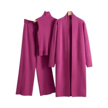 Imagem de Conjunto De Moda Feminina Vintage De Tricô Em 3 Peças, Cardigan E Calç