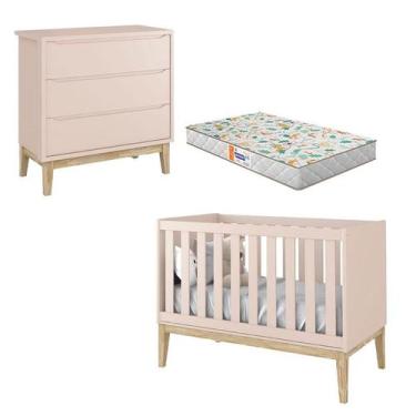 Imagem de Berço Americano e Cômoda Gaveteiro New Classic Rosa com Pés Madeira Na