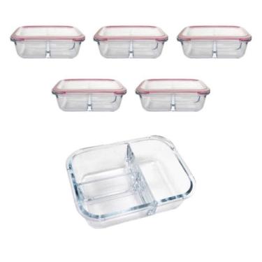 Imagem de Kit 5 Pote Vidro Hermético 3 Divisórias Tampa Lock Marmita 890ml - CLI