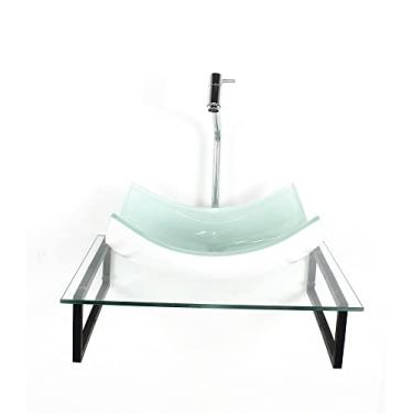 Imagem de KIT CUBA DE VIDRO RETANGULAR 10MM BRANCA TAMPO 50CM INCOLOR COM SUPORTE TORNEIRA VALVULA