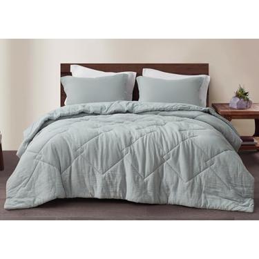 Imagem de Chezmoi Collection Skye Conjunto de edredom Queen, 100% algodão, musselina, fino, azul-claro, cinza, reversível, macio, lavado, gaze, respirável, leve, cobertor de verão com enchimento de 130 g/m²