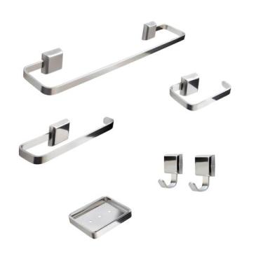 Imagem de Kit Acessórios Para Banheiro Luxo 6 Peças Saboneteira Inox 2 Cabides -