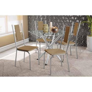 Imagem de Sala De Jantar Completa Volga C- Tampo De Vidro 90x90cm E 4 Cadeiras Lisboa Cromada-capuccino - Kappesberg
